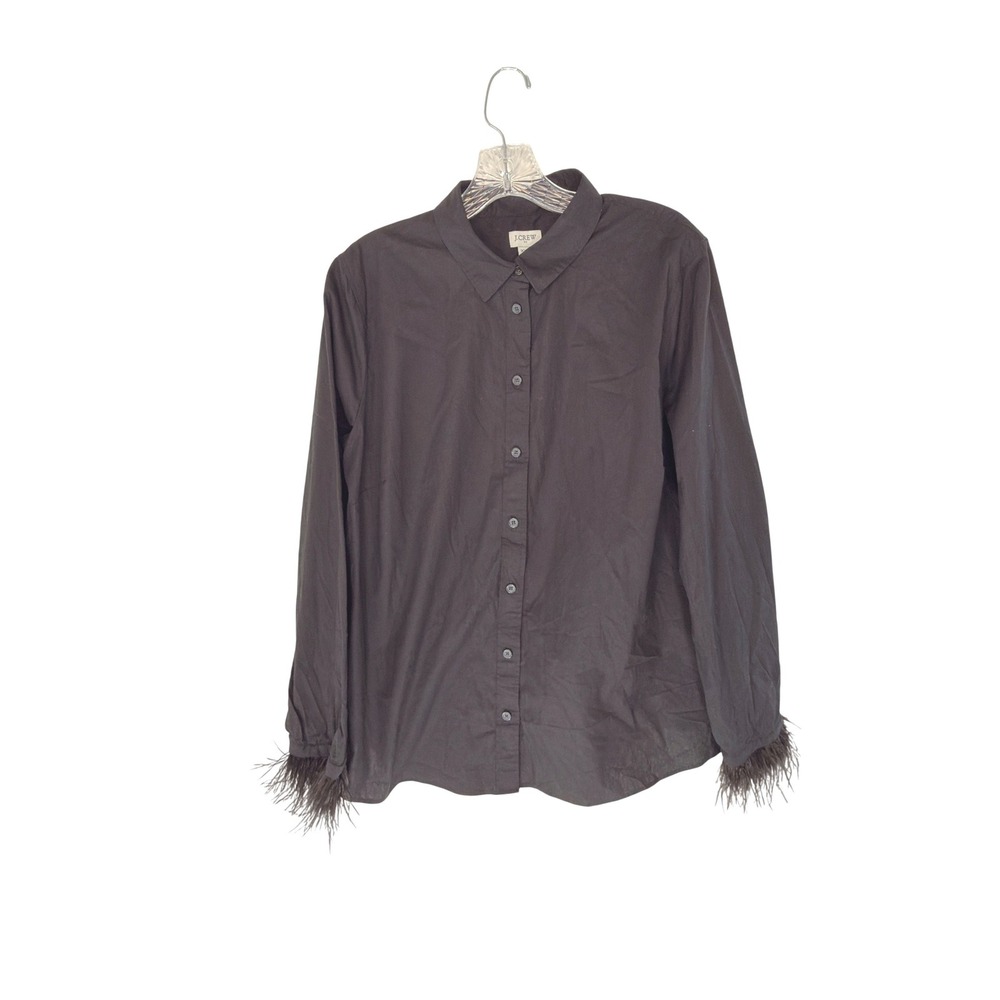 J.Crew Feather Trimmed Button Up Shirt Black Women's Signature Fit Basic XXL